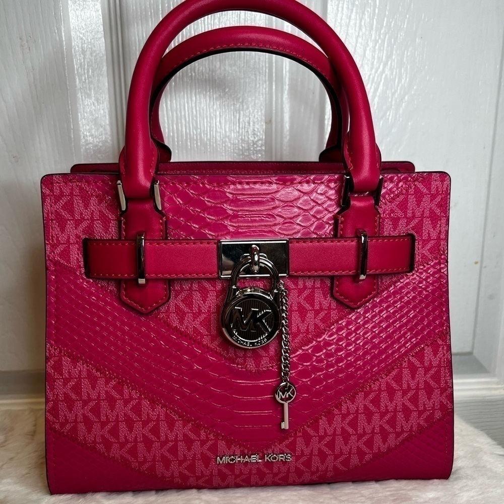 MICHAEL KORS HAMILTON MEDIUM SIGNATURE LOGO SNAKE EMBOSSED SATCHEL ELECTRIC PINK